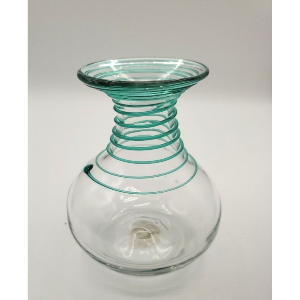 Vintage Blenko Glass 7" Stretched Turquoise Banded Vase